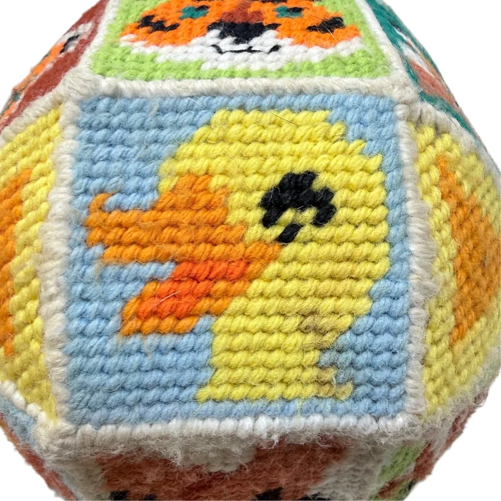Vintage Needlepoint Soft Ball Toy Multicolor Animal Faces Nursery Decor 70's